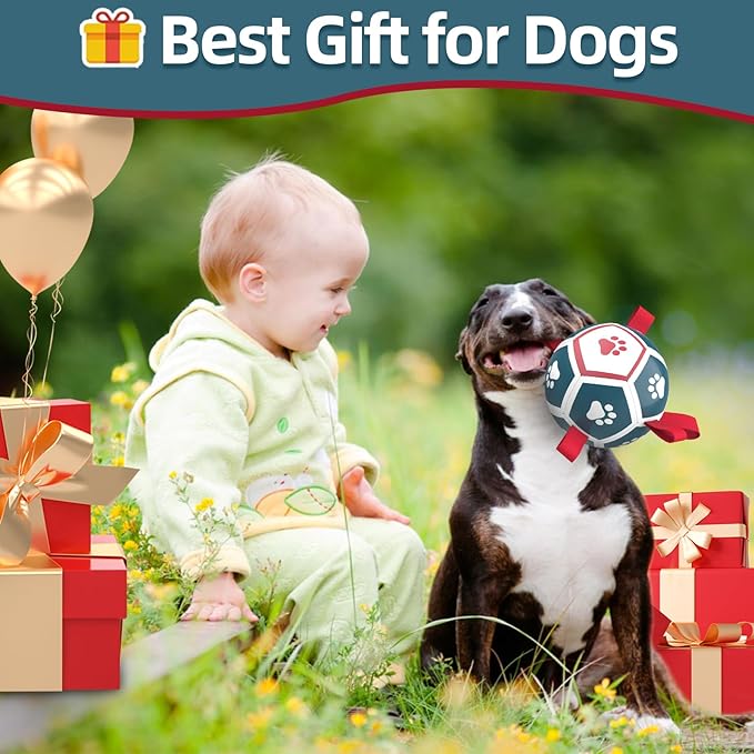 QDAN Dog Toys Soccer Ball with Straps, Outdoor Interactive Dog Toys for Tug of War, Puppy Birthday Gifts, Dog Tug Toy, Dog Water Toy, Durable Dog Balls for Small Dogs - Blue&Red（5 Inch）