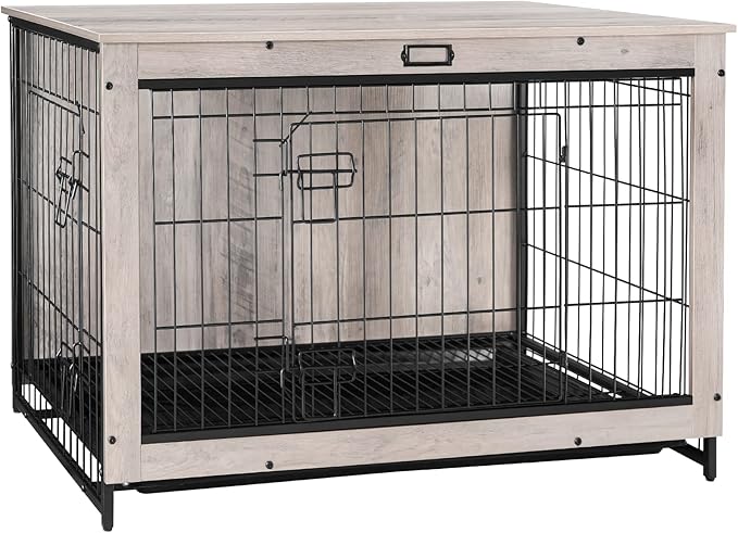 HOOBRO Dog Crate Furniture, 38.6" Large Dog Kennel Indoor, Wooden Cage with Pull-Out Tray, Double Doors Pet House Side End Table for Large/Medium/Small Dogs, Greige BG982GW03