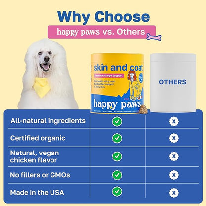 Happy Paws Skin & Coat Supplement for Dogs, Shedding & Hair Growth Support for All Breeds & Ages, Made with Coconut Oil & Vitamin B12, Vegan Chicken Flavor, Organic, Non GMO, 200 Soft Chews