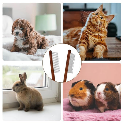 2pcs Solid Wood Grooming Combs with Wide & Narrow Rounded-Tip Steel Teeth - Metal Flea & Lice Comb for Dogs, Cats, Small & Medium Pets' Tangled Hair