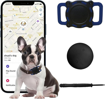 Dog Tracker, Pet Location Tracker with Collar Holder for Dogs, Item Finder MFi Certificated Tracking Device, No Monthly Fee, Works with iOS Find My (Black and Blue)