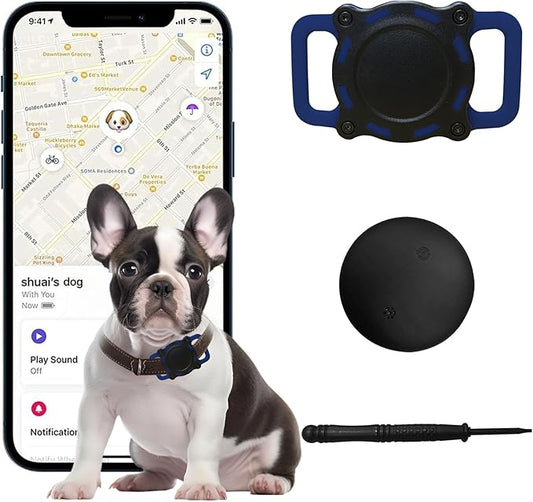 Dog Tracker, Pet Location Tracker with Collar Holder for Dogs, Item Finder MFi Certificated Tracking Device, No Monthly Fee, Works with iOS Find My (Black and Blue)