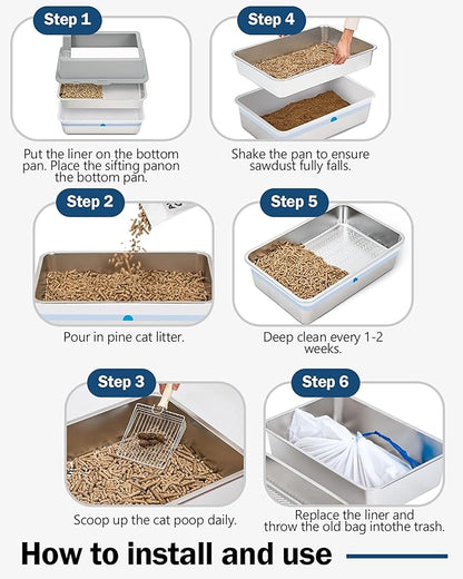 Stainless Steel Sifting Litter Box with Lid, Metal Litter Pan with Scoop for Big Cats Multi Cat, Extra Large Cats Litterbox Odor Control Easy Clean (24 * 16 * 12inch-with Enclosure, X-Large)