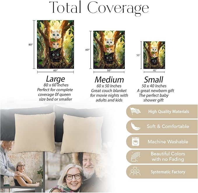 Cute Kitten Trio Blanket, Soft Warm Cozy Adorable Cats Throw Blanket Gifts for Adults Kids Women, Lightweight Fuzzy Comfy Flannel Blankets for Couch, Travel, Bed, House Decor 50×40 Inch