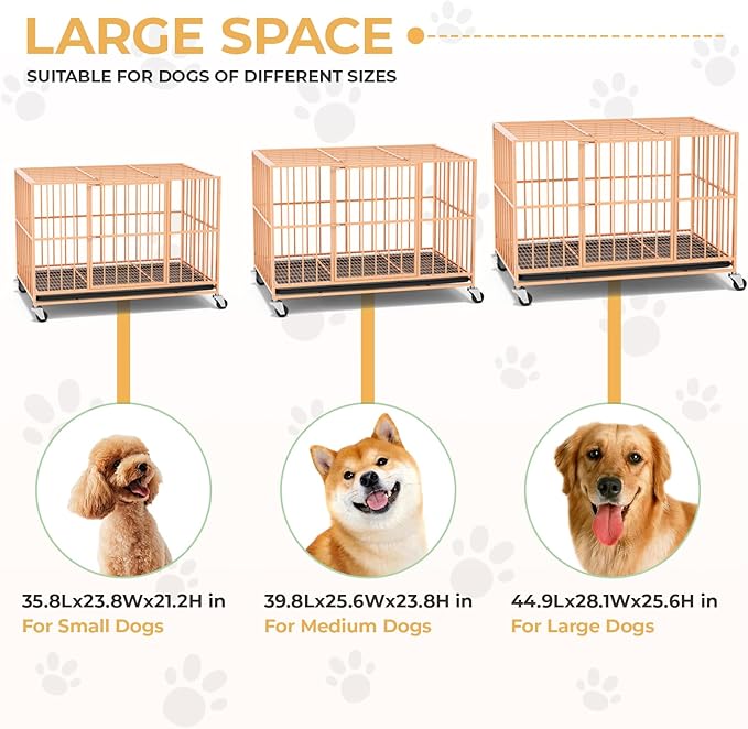 Orange 48 in Heavy Duty Dog Crate Steel Escape Proof, Indoor Double Door High Anxiety Cage, Removable Tray, Kennel with Wheels,XL XXL