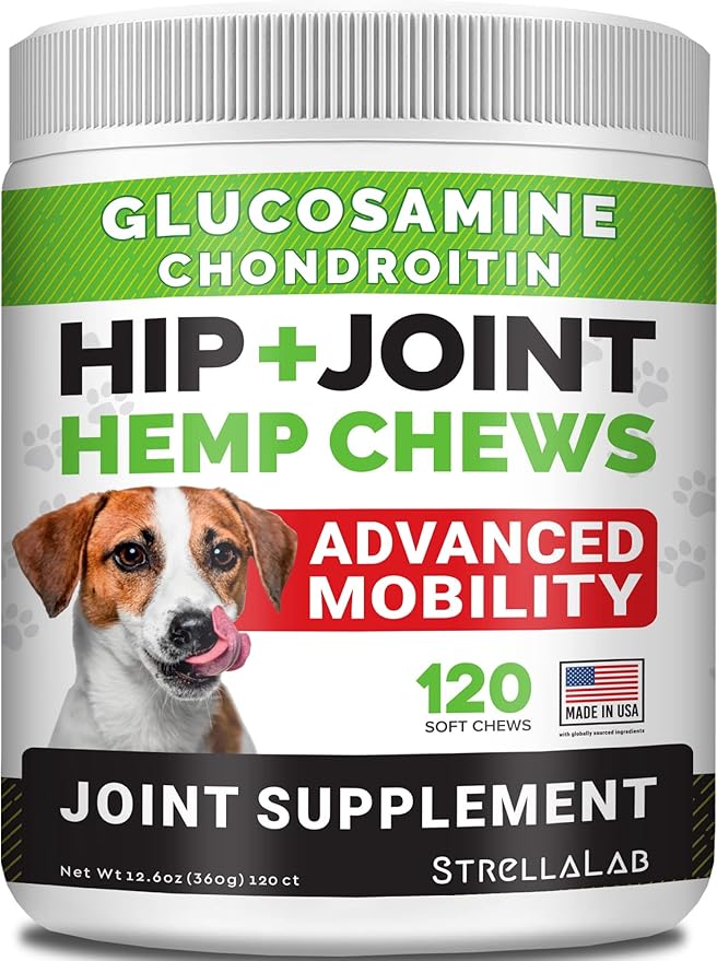 STRELLALAB Hemp Chews for Dogs - Hip & Joint Supplement with Glucosamine - Joint Pain Relief Treats - Omega 3, Chondroitin, MSM - Advanced Mobility Support - Chicken Flavor - 120 Ct - Made in USA