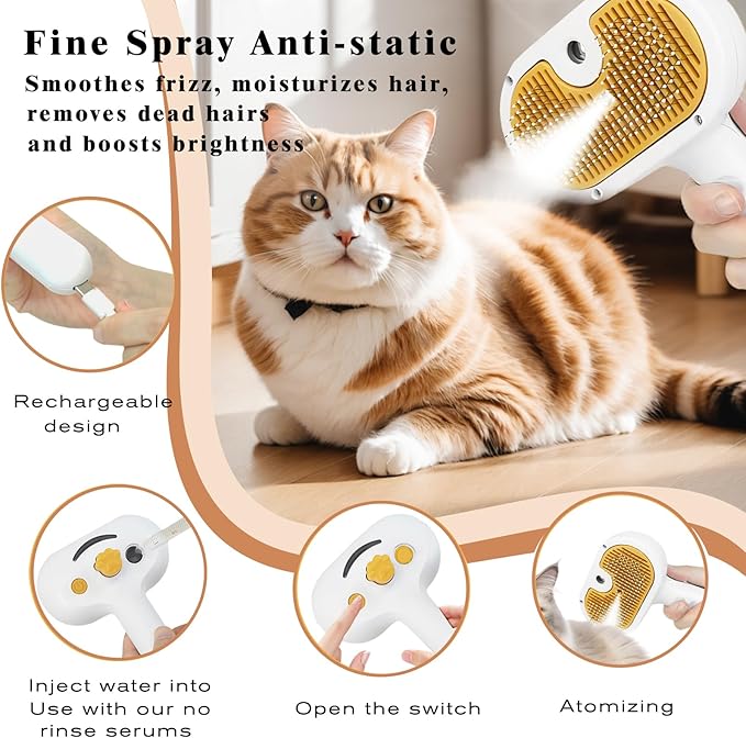 Pet Steam Brush for Dog & Cat  3-in-1 Spray Hair Removal Comb  Steam Brush for Shedding & Grooming  Spritz Defur Comb  Includes Waterless Shampoo & Dental Wipes