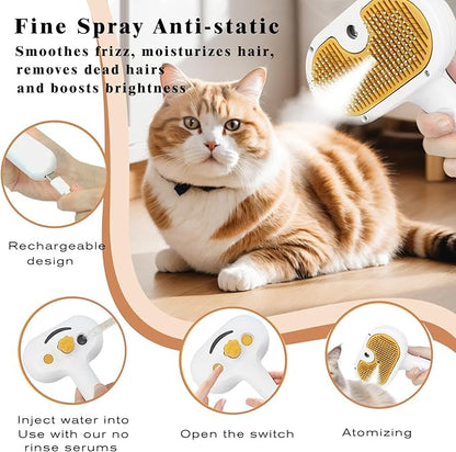 Pet Steam Brush for Dog & Cat  3-in-1 Spray Hair Removal Comb  Steam Brush for Shedding & Grooming  Spritz Defur Comb  Includes Waterless Shampoo & Dental Wipes