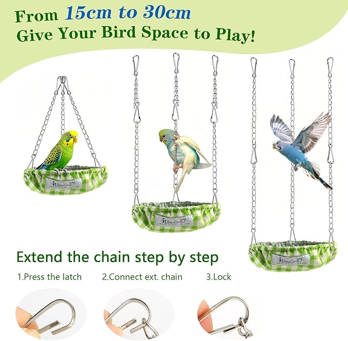 Waterproof Bird Bed with Adjustable Chain, Customizable Height Hanging Bird Hammock for Cage, Small Size Bird Nest with Durable Non-Collapsible Bottom, Bird Hut for Conures, Budgies (Green)