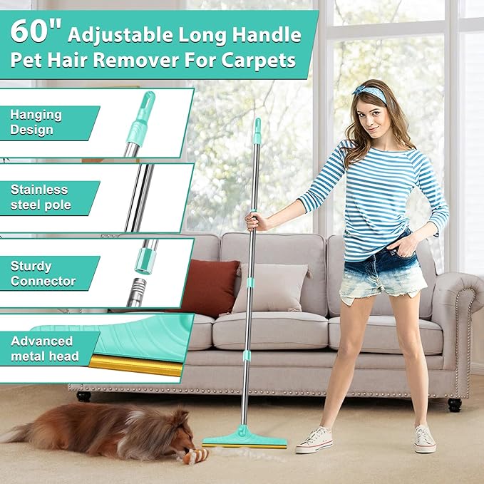 5FT Carpet Rake Pet Hair Remover, Reusable Carpet Rake with Telescopic Handle for Pet Hair Removal Tool Dog Cat Fur Remover Broom for Rugs, Mats, Beds, Stairs (Blue)