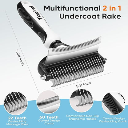 2-in-1 Dog Grooming Rake Dual Sided Deshedding Tool, Undercoat Rake for Long/Short Hair, Gentle Stainless Steel Comb with Ergonomic Handle, Safe Shedding Brush for Dogs & Cats (Extra Large)