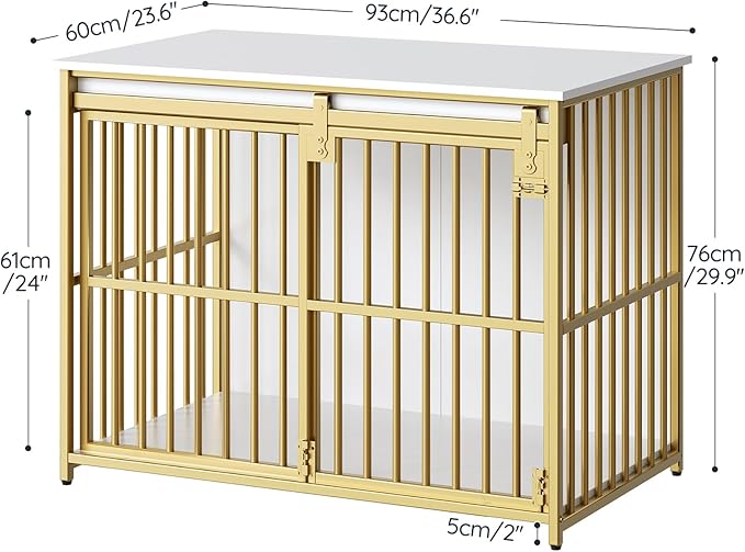 HOOBRO Dog Crate Furniture, 36.6" Heavy Duty Dog Kennel with Sliding Barn Door, Decorative Dog Crate Indoor, End Side Table for Small/Medium Dog, White and Gold DW162GW03G1