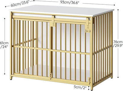 HOOBRO Dog Crate Furniture, 36.6" Heavy Duty Dog Kennel with Sliding Barn Door, Wooden Dog Cage Indoor, Decorative Side End Table for Small/Medium Dogs, White and Gold GD162GW03G1