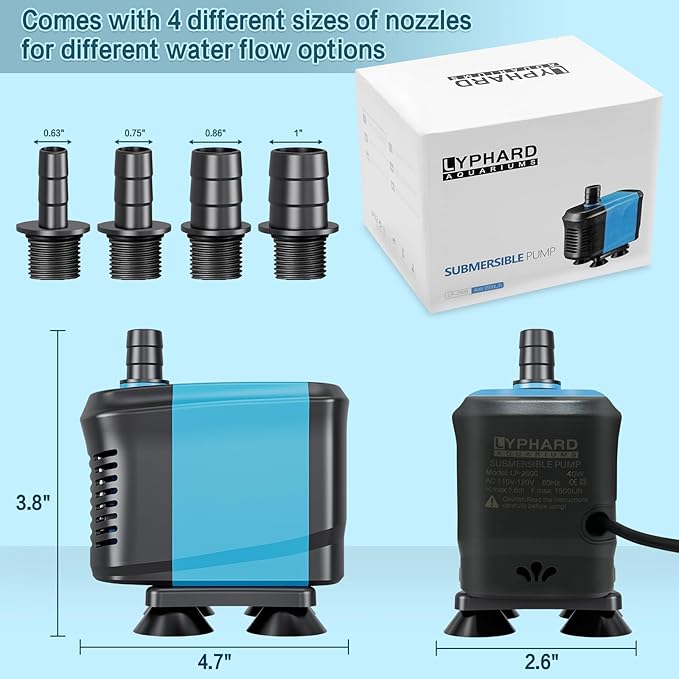 LYPHARD AQUARIUMS 40W Submersible Water Pump Flow 550GPH, High Lift 5.5ft, Ultra Quiet Pond Pumps Aquarium Pump for Fish Tank, Hydroponics, Outdoor Fountain