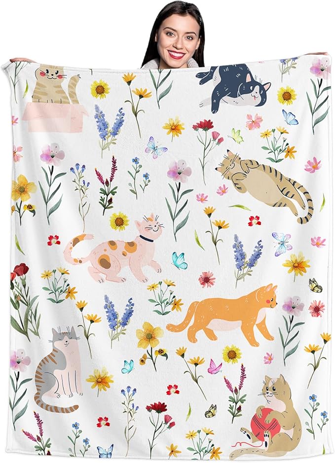 Floral Throw Blanket Birthday Gift for Women Mom Girls Kids Cat Lover Cat Flower Blanket Summer Wildflower Flannel Blanket Watercolor Printed Throw for Couch Sofa Bed Chair 50"x60"