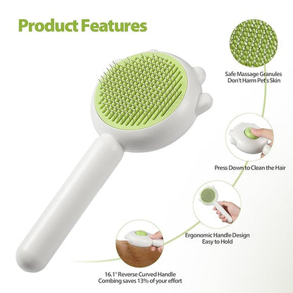 MoeSoce Self Cleaning Dog Brush for Short Haired Dogs, Cat Deshedding Brush with Release Button, Removes Loose Hair and Tangles, Green