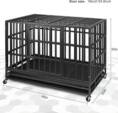 48 Inch Heavy Duty Dog Crate Kennel with Wheels, High Anxiety Indestructible Dog Crates for Large Dogs, XL XXL Extra Large Dog Crate with Removable Dog Cage Tray, Two Locks (Black, Square)