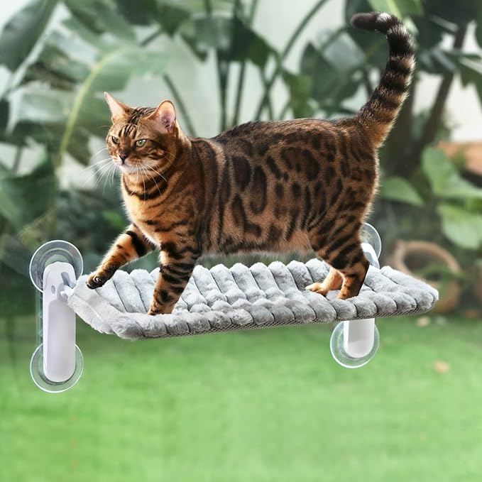 Sunhoo Cat Window Perch Hammock Foldable Kitten Bed Windowsill Seat with Suction Cup for Large Indoor Cats Inside Kitty Window Sill Ledge Shelf Hold Up to 40lbs Machine Washable 21.26*11.8in(Grey, M)