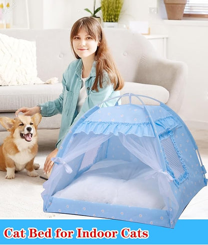 Cat Princess Bed Tent House - Kitty Cute Tent Indoor,Small Dog House Indoor/Outdoor Cave Nest Bed Small Dog Tent for Cat,Puppy Tent (15.7"x15.7"x14.5"/Blue)