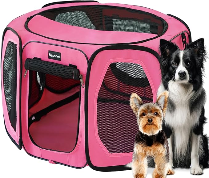 Dog Playpen, Cat Dog Crate Portable Pet Exercise Cage Kennel House Puppy Playpen Animal Playpen Indoor/Outdoor, Water-Resistant Kennel Tent with Traveling Bag (Pink, Large)