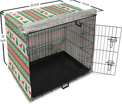 Ambesonne Christmas Dog Crate Cover, Knit Style Graphic Reindeer Star and Snowflake Holiday Family Theme, Easy to Use Pet Kennel Cover for Cats & Medium Dogs, 24 Inch, White Green