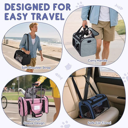BALEINE Cat Carrier, Puppy Dog Carrier for Small Medium Pets Up to 15 Lbs, Soft-Sided Dog Travel Bag with Safety Zippers, Collapsible Pet Carrying Case (Gray, L, 17"x11"x11")