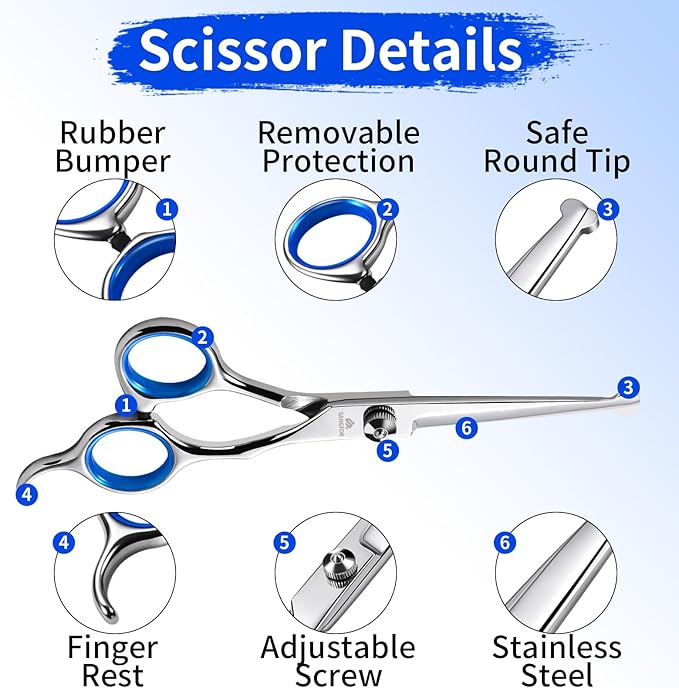 Dog Grooming Scissors, 6-in-1 Professional Dog Grooming Kit, 4CR Stainless Steel Dog Scissors for Grooming, Heavy Duty Grooming Scissors with Safety Round Tips, Pet Grooming Kit for Dogs at Home