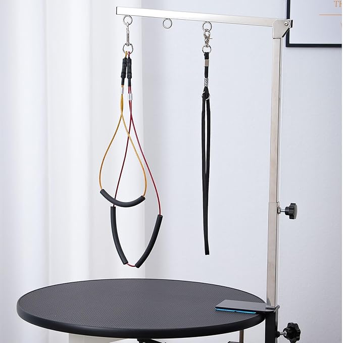 Dog Grooming Table Arm with Hammock - Adjustable Height, Pet Grooming Hammock, No Sit Haunch Holders, Loop Noose Heavy-Duty Clamp (Stainless Steel)