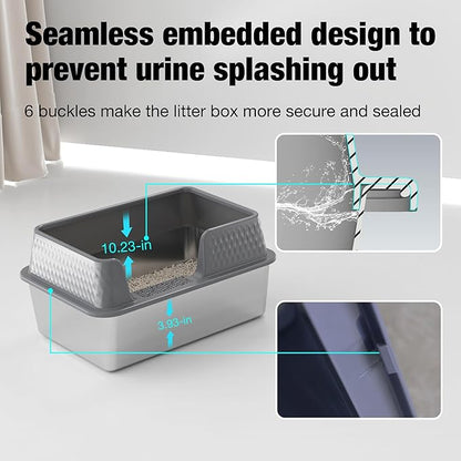 Suhaco Stainless Steel Litter Box Side Entry, Kitty Black Litter Mat and White Scoop Included Covered Metal High Sided Large Cat Litter Box with Lid Removable Enclosure for Medium Cats (Grey)