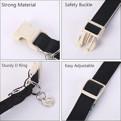 DOGWONG Cotton Hemp Dog Collar, Heavy-Duty Black Dog Collar Adjustable Soft Natural Fabric Pet Cute Wedding Puppy Necklace for Small Medium Large Dogs