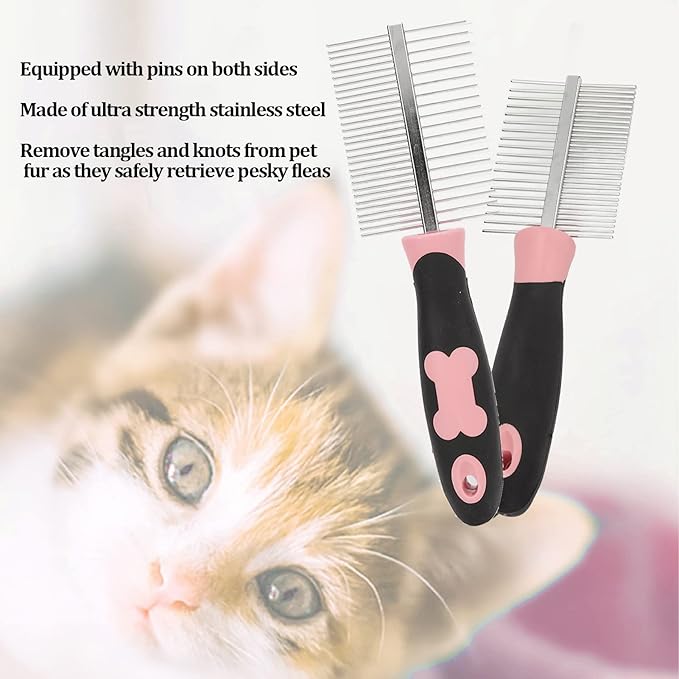 Double-Sided Dog Comb, Pet Detangler Brush for Long & Curly Hair in Dogs & Cats, Dog Grooming Brush Prevents Matted Fur, Dematting Comb for Detangling Matted or Knotted Undercoat Hair (Pink)