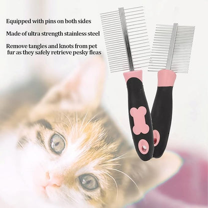 Double-Sided Dog Comb, Pet Detangler Brush for Long & Curly Hair in Dogs & Cats, Dog Grooming Brush Prevents Matted Fur, Dematting Comb for Detangling Matted or Knotted Undercoat Hair (Pink)