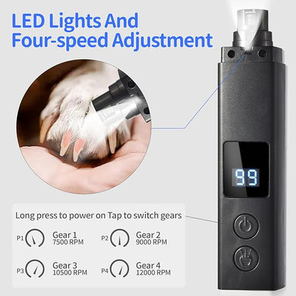 Professional 4-Speed Dog Nail Grinder, Electric Rechargeable Dog Nail Grinder with UV & Interactive Lights, Rechargeable Quiet Pet Nail Grinder, Nail Clippers for All Type Dogs Cat (Black)