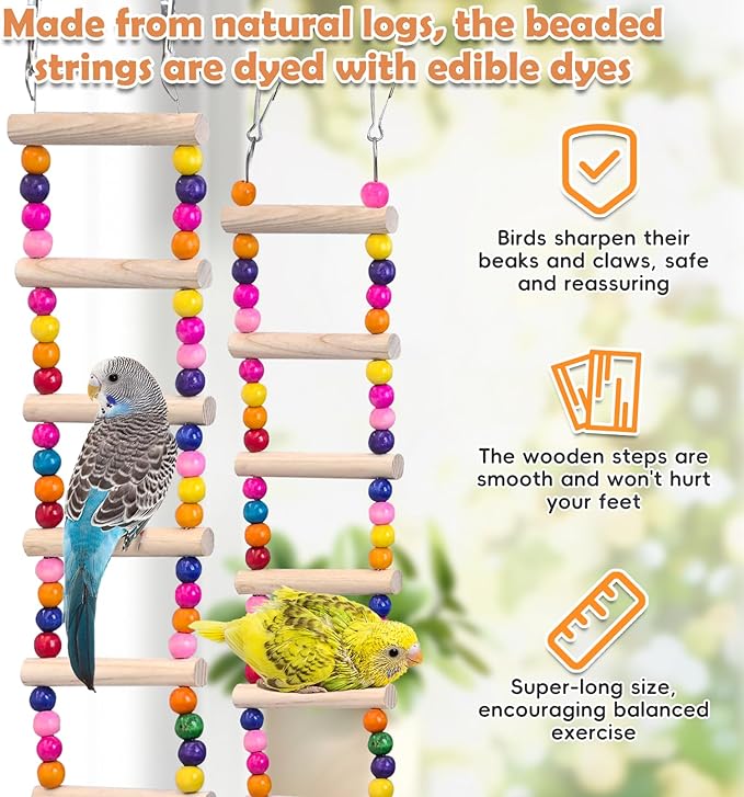 PINVNBY 2 PCS Extra Large Bird Ladder Toys, Wooden Parakeet Swing Toys with Colored Beads, Bird Cage Accessories for Parrot Macaws African Greys Conure Cockatiel (25.6''-10 Steps and 39.3''-18 Steps)