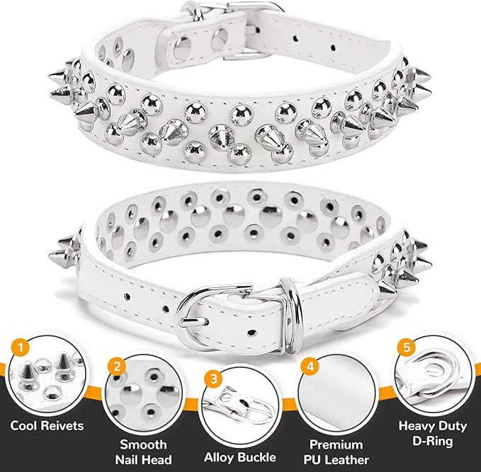 PETCARE Spiked Dog Collar White Soft Pu Leather Funny Mushrooms Rivet Spike Studded Puppy Collar Adjustable Outdoor Pet Dog Collar for Small Medium Large Dogs Cats Chihuahua Pug Pit Bull Dog Collars