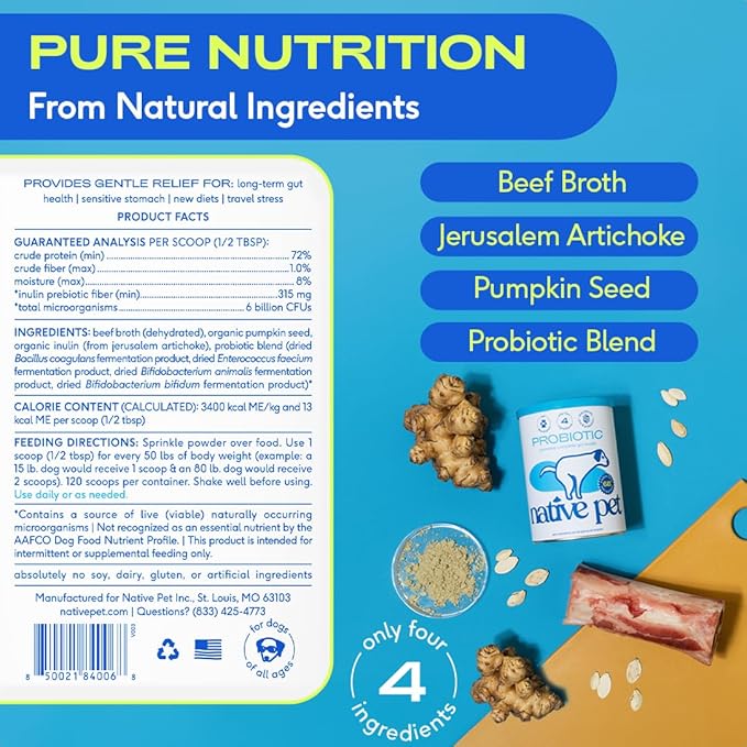 Native Pet Probiotics for Dogs - Dog Probiotics Powder for Digestive Health, Gut Support, & Immune Boost  Vet-Formulated Powder for Maximum Potency with Digestive Enzymes & Prebiotics - 60 Scoops