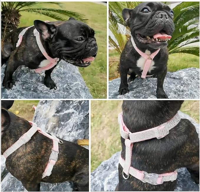 Dog Reflective Rhinestone Harness, No Pull Adjustable D-Ring Harness Walking Harness for Small Meduim Large Dog(Pink,XS)