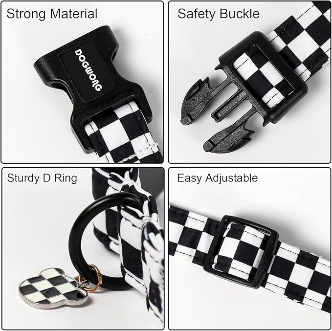 DOGWONG Checkered Dog Collar, Black Plaid Dog Collar Adjustable Soft Natural Fabric Pet Dog Collars Cute Puppy Necklace for Small Medium Large Dogs