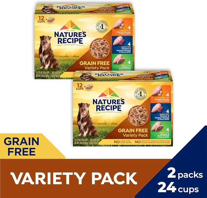 Nature_ Recipe Grain Free Chicken Recipe, Chicken & Venison Recipe and Chicken & Duck Recipe in Savory Broth Variety Pack Wet Dog Food, 12-2.75 oz. Cups, 2 Count