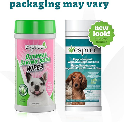 Espree Pet Hypoallergenic Aloe Wipes, Cleaning and Odor-Controlling Grooming Wipes for Paws, Cat Grooming, Dog Care, Perfect for Puppy and Adult Dogs, Fresh Baby Powder Scent, 50 Count