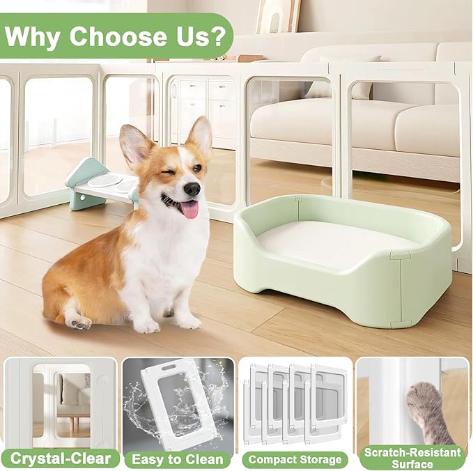 Acrylic Small Dog Playpen with Door, Clear Pet Play Pen Indoor, Easy Assemble Puppy Fence for Kitten Rabbit Small Animals, Plastic Bunny Kennel Cage Play Yard Portable Outdoor, White 8PCS