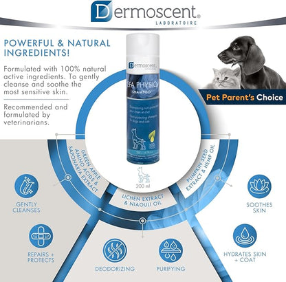 Dermoscent EFA Physio Shampoo for Dogs & Cats - Gentle Natural Ingredients for Frequent Bathing Allergies & Itchy Skin Relief - Soothes Dermatitis & Atopic Skin - 200 ml