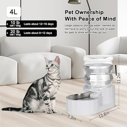 RIZZARI Pet Water Bowl Dispenser: 4L Automatic Stainless Steel Gravity Feeder - Large Capacity for 8-20 LB Cats and Dogs with Joint Spine Pain - for Kitchen Bedroom