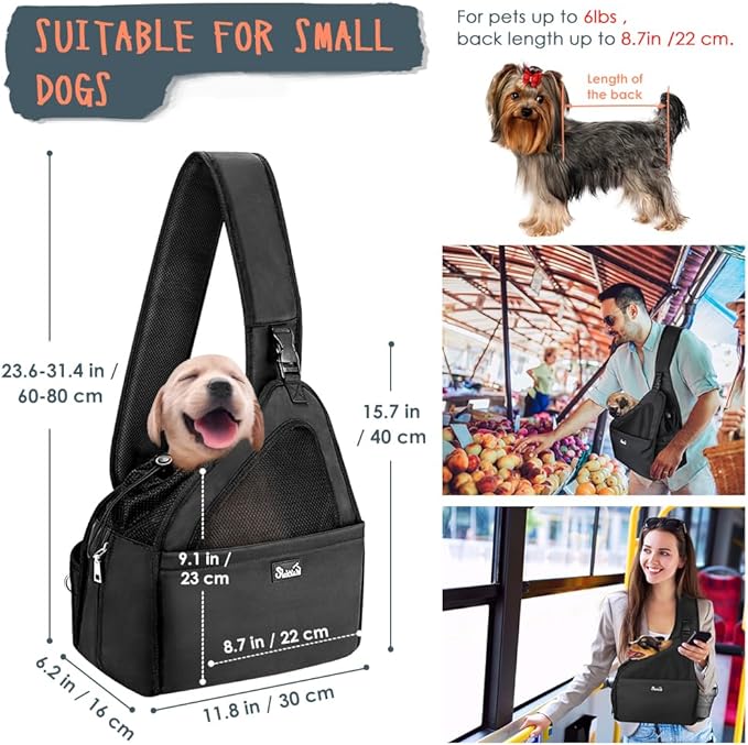 SlowTon Pet Dog Sling Carrier, Hands Free Hard Bottom Papoose Small Animal Puppy Up to 6 lbs Travel Bag Tote Breathable Mesh Support Adjustable Padded Strap Pocket Safety Belt Machine Washable