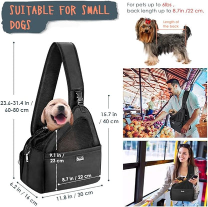 SlowTon Pet Dog Sling Carrier, Hands Free Hard Bottom Papoose Small Animal Puppy Up to 6 lbs Travel Bag Tote Breathable Mesh Support Adjustable Padded Strap Pocket Safety Belt Machine Washable
