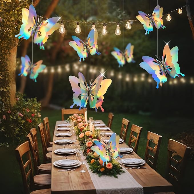 8 Pcs Iridescent Hanging Butterfly Decorations, Butterfly Birthday Decorations, Shiny Foil Look Thick 3D Paper Butterflies for Birthday, Baby Shower, Wedding, Centerpiece or Hanging Decor