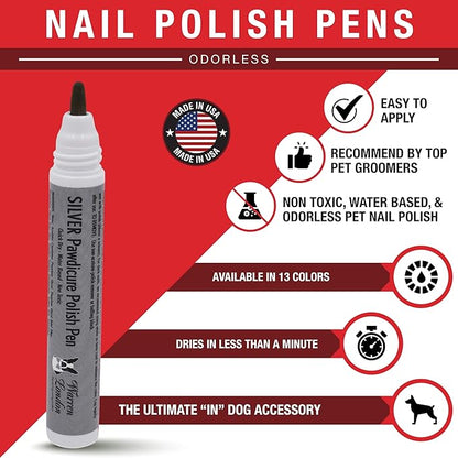Warren London Pawdicure Dog Nail Polish Pens | Made in USA | Quick Dry, Low Odor, Non-Toxic Dog Accessories | Ideal for Dog Birthday, Dog Costume | 13 Colors | Silver
