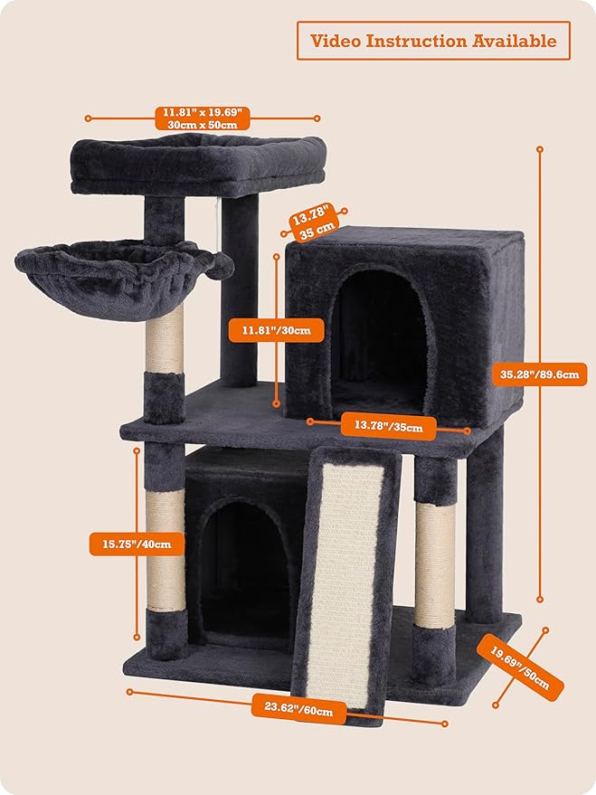 Ouritsu Cat Tree, 35 inch Cat Tower for Large Cat Indoor, 1 Widened Top Perch, 2 Enlarged Condos, Fluffy Basket, Scratching Posts and Ramp, Dark Gray, MF002DG
