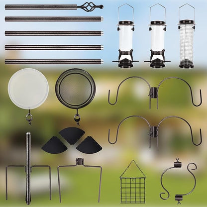 6-Hook Bird Feeding Station Kit Wild Bird Feeder Stand Pole, Multi-Feeder Hanging Kit Stand with Water Bowl, Mesh Tray and Squirrel Guard Baffle, 94 Inch