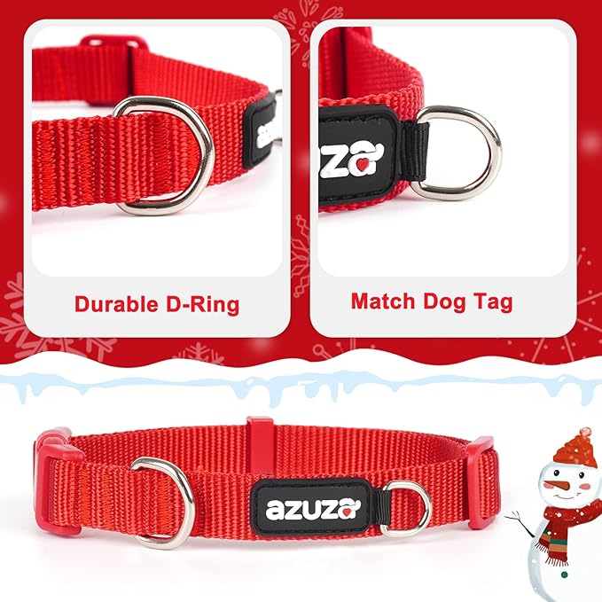azuza 3 Pack Christmas Nylon Dog Collars Buffalo Check Durable and Comfortable Dog Collars with ID Tag Ring Adjustable for Large Dogs, L (18-26inch)